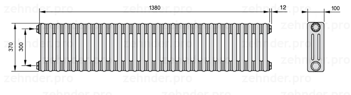 Схема (чертеж) Радиатор Zehnder Charleston 3037/30 №1270 Белый глянцевый RAL 9016
